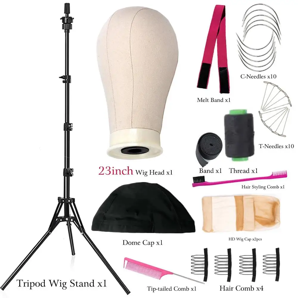 

21-23inch Canvas Block Head Mannequin Wig Head Wig Stand Tripod with Head, Mannequin Head Wig Display Styling Head With head