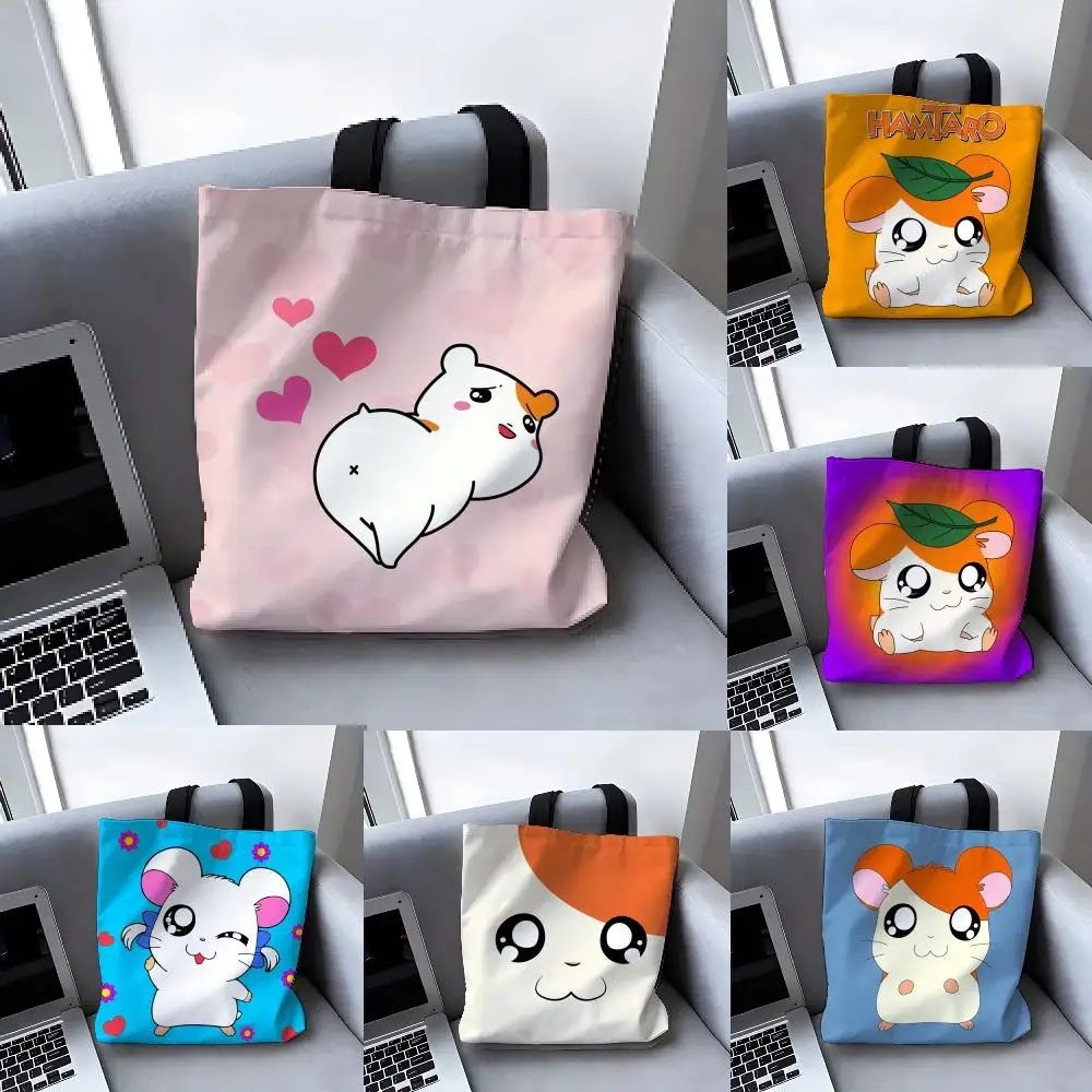 Aufbewahrungstaschen, Canvas-Einkaufstasche, große Designer-Handtaschen für Damen, Einkaufstaschen für Lebensmittel, H-Hamtaro, süßer Hamster