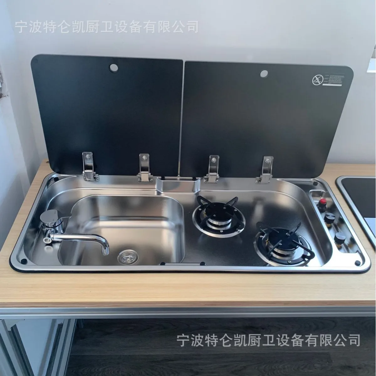 

902R Integrated RV Combo, Double Burner Stainless Gas Stove & Sink with Tempered Glass Cover for Yacht Camper Built-in Kitchen