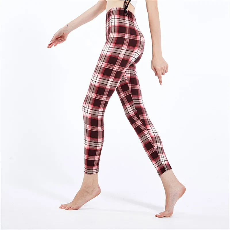 VISNXGI Fitness Women Print Plaid Leggings Slim Pencil Pants Push Up Elastic Waist Trousers Grid Tights Yoga Breathable Clothing