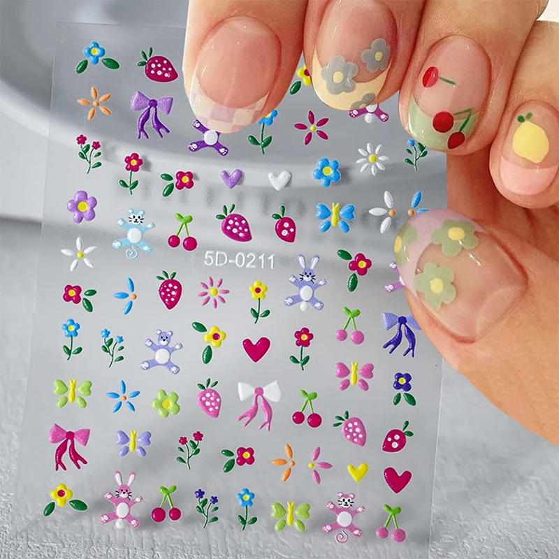 Bloem Cartoon Nail Art Stickers Zelfklevende Diy Schattige 5d Reliëfs Strik Konijn Patroon Manicure Schuifregelaar Decoratie Stickers