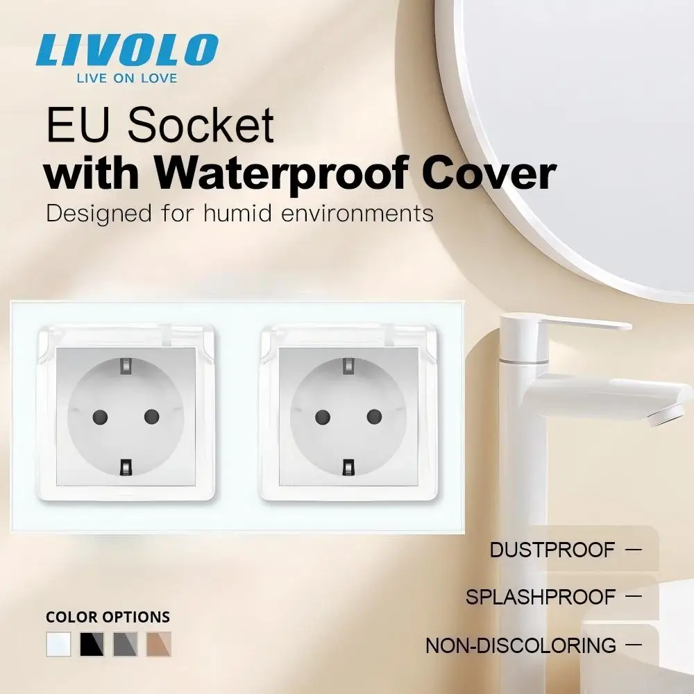 

LIVOLO Стандартная настенная розетка ЕС с заземлением IP44, водонепроницаемый двойной разъем 16A AC110 ~ 250 В, панель из закаленного стекла
