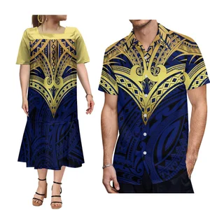 Bubble -Kleid für Frauen und Männer kurzärmelig, quadratisches Kragenhemd, langer Rock, hawaiianisches Kleid, Stammesdesign, heißes Paar Set, Hawaii 6 Hauptverkaufskleid Langes Party Hawaiian - №4