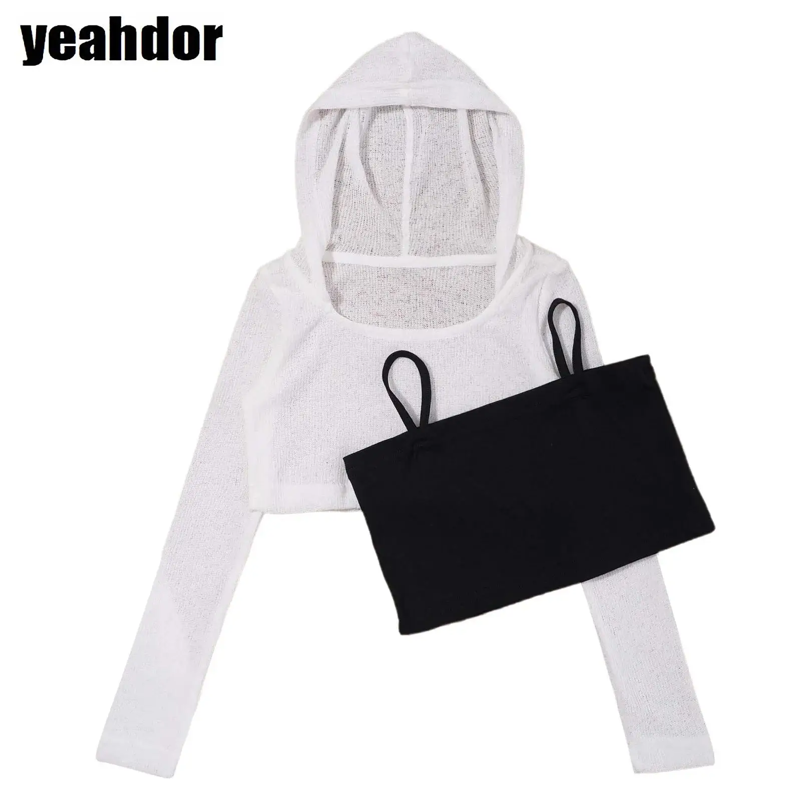 Hip Hop Girls Clothing Jazz Dance Costume Long Sleeve Hooded Crop Top with Straps Camisole Vest Skateboarding Street Dancewear