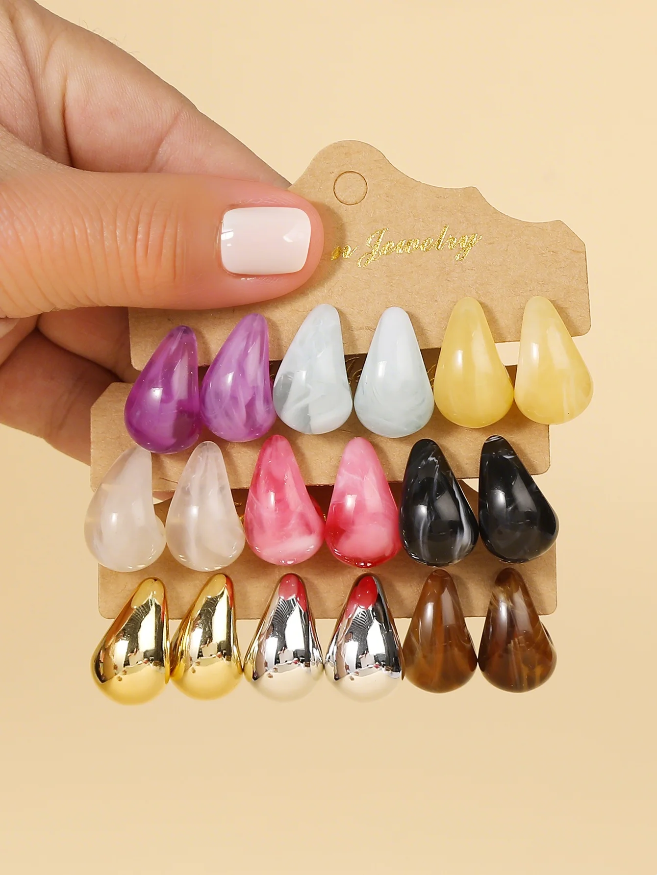 9Pairs Minimalist Water-drop Rainbow Colored Women's Stud Earrings, Eye-Catching And Exquisite, Women's daily matching artifact