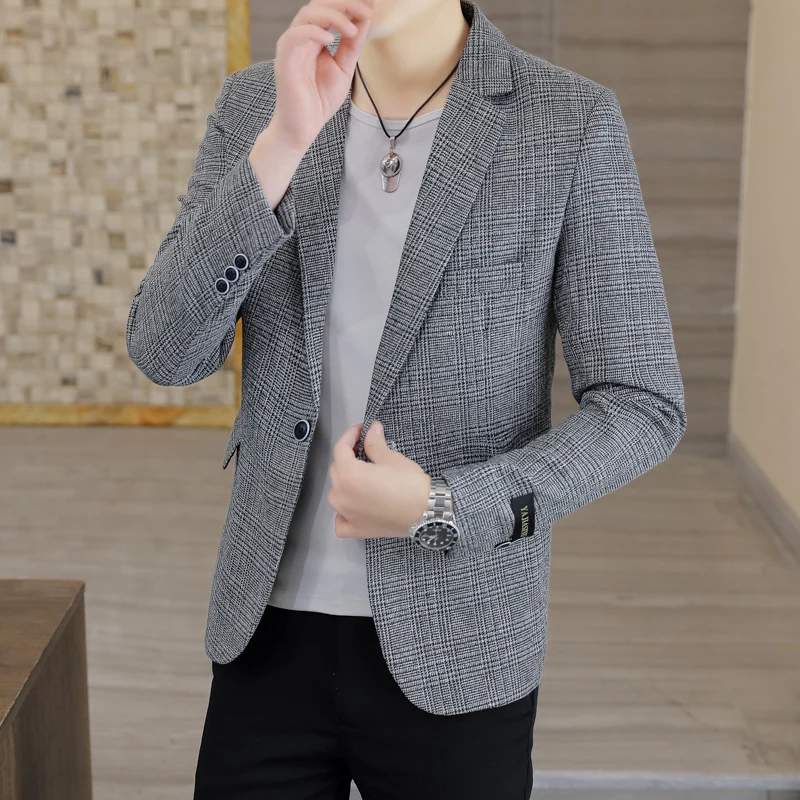 Elegant Business Suit Jacket for Men Korean Fashion Plaid Casual Blazers Office Social Wedding Dress Coats Male Clothing