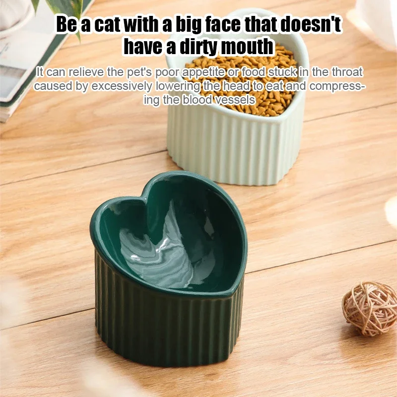 Ceramic Tilted Elevated Cat Bowl Heart Shape Anti Slip Cute for Cats Kitten Small Dogs Functional Width 14cm Handmade Pet Feeder