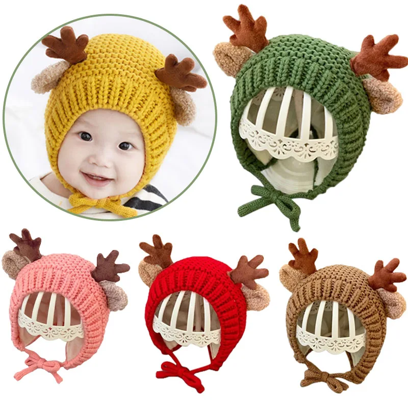 Baby Christmas Antler Element Wool Knit Hat Kids Fall/Winter Windproof Warm Earwrap Hats Cute Elk Antler Shape New Year Hat Gift