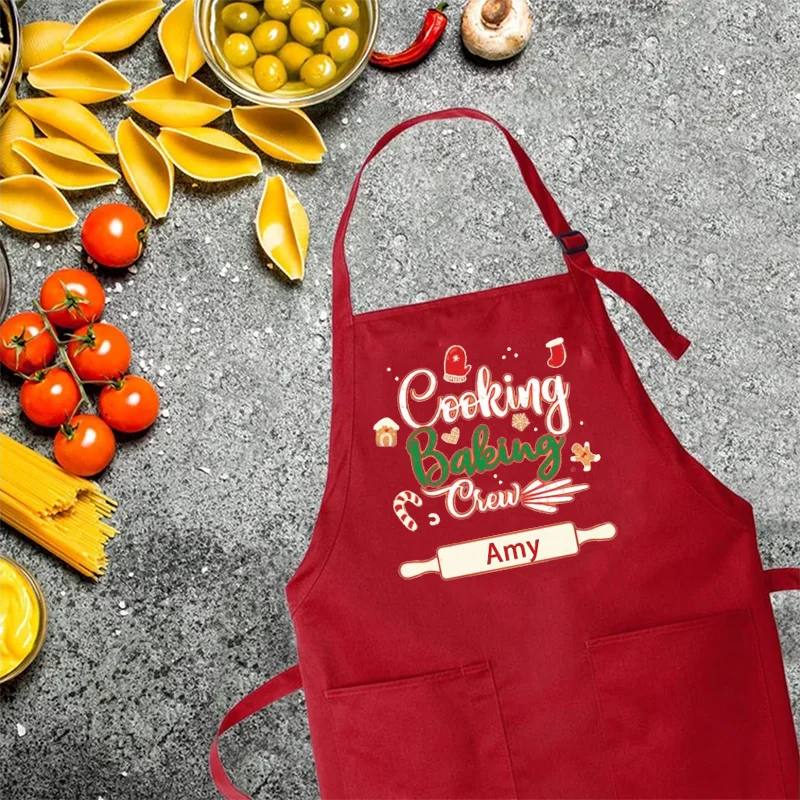 Personalized Cooking Baking Crew Red Apron with Pouch Customize Gift Apron Baking Kitchen Home Decor Christmas Party Supplies