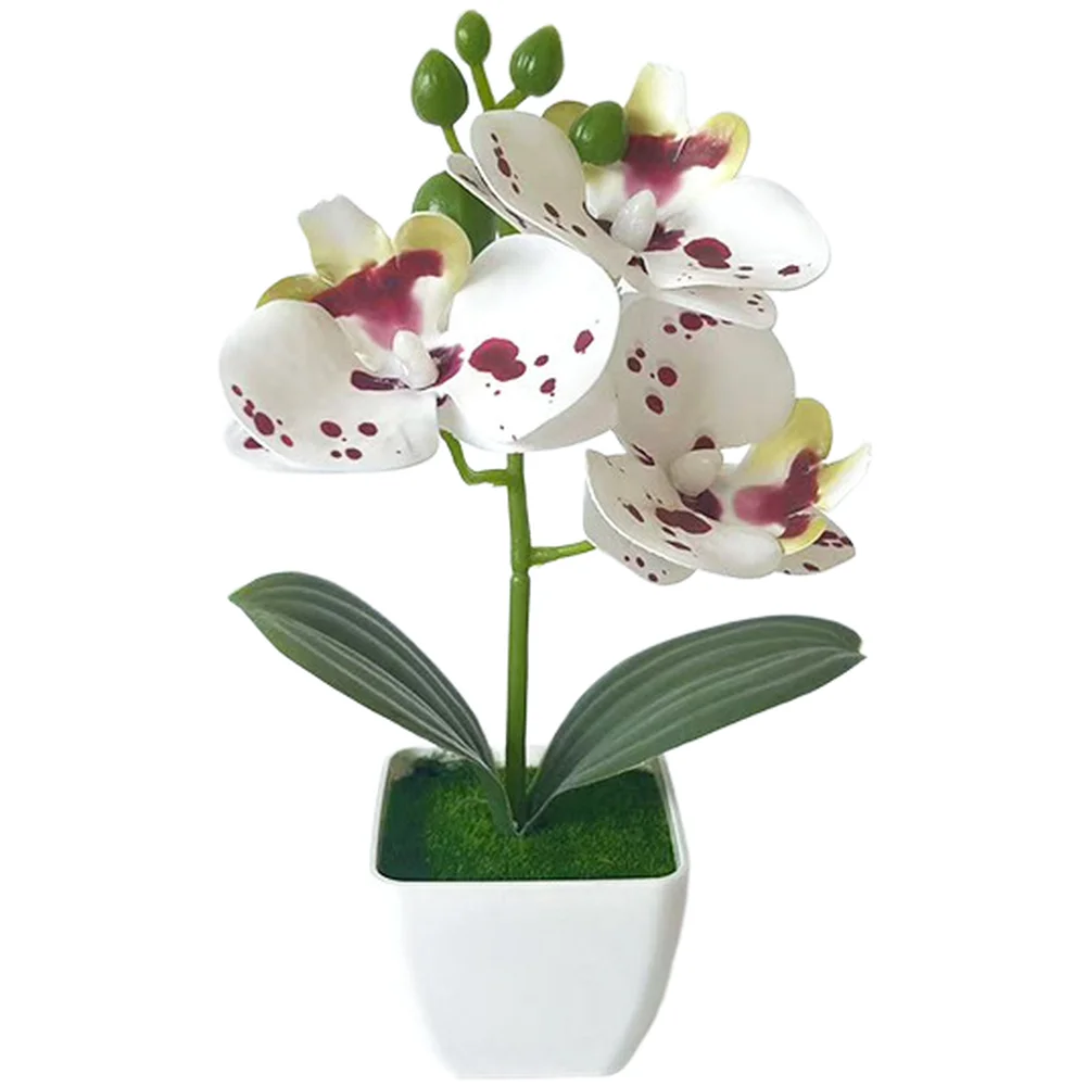 Realistic Fake Phalaenopsis Orchid Plant in Square Ceramic-Style Pot for Living Room Bedroom Tabletop Decoration