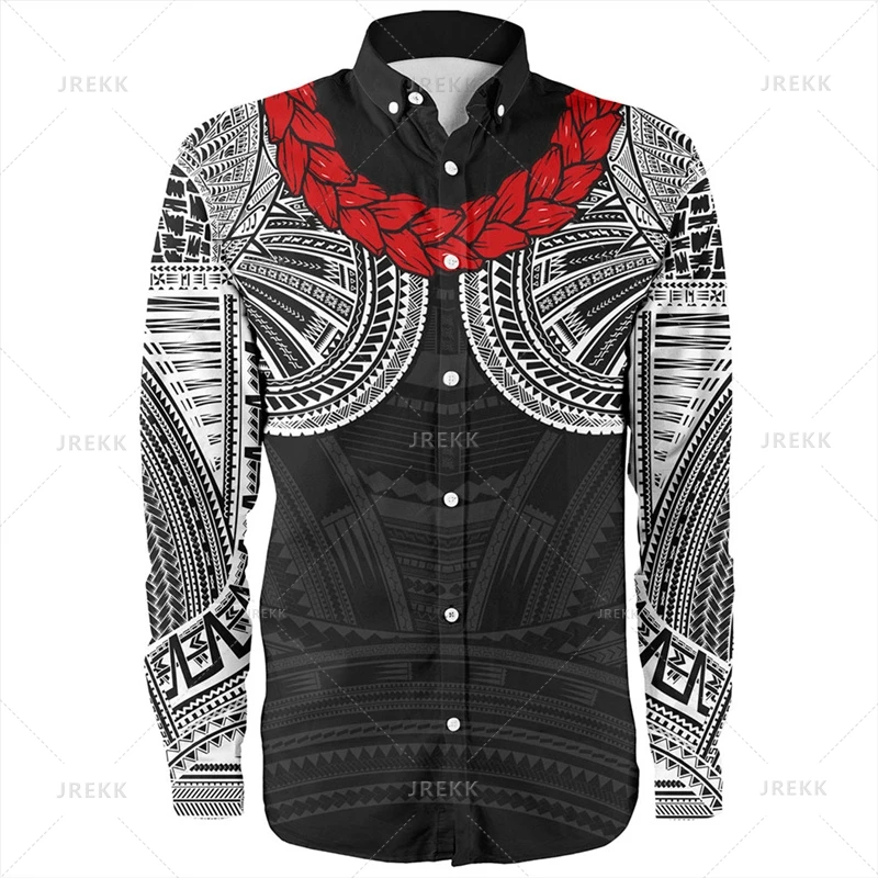 Small Size Vintage 3D American Samoa Emblem Printed Long Sleeve Shirts Men Samoa Tribal Patterns Graphic Lapel Blouse Clothing