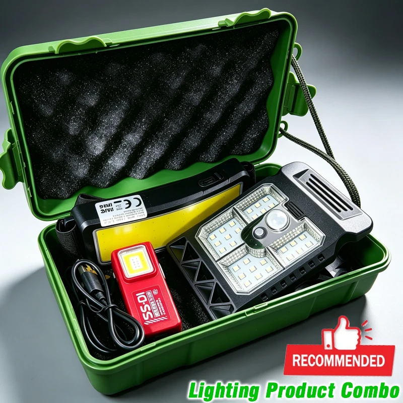 Bright Solar Light  Kit LED Work Light COB Headlamp Mini Pocket Flashlight Camping Emergency Lamp Optional Outdoor Combo Set
