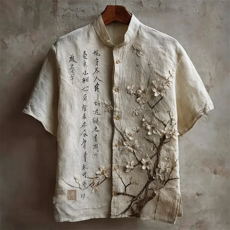 

New trendy and artistic style linen short sleeved shirt for men, cherry blossom vinyl record machine printed top