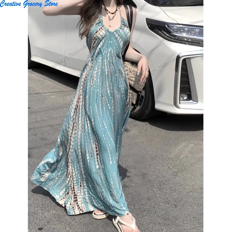 Vestido largo elegante con halter para mujer, sin mangas, espalda descubierta, estampado playero, diseño bohemio, casual para fiesta, playa y vacaciones 2026