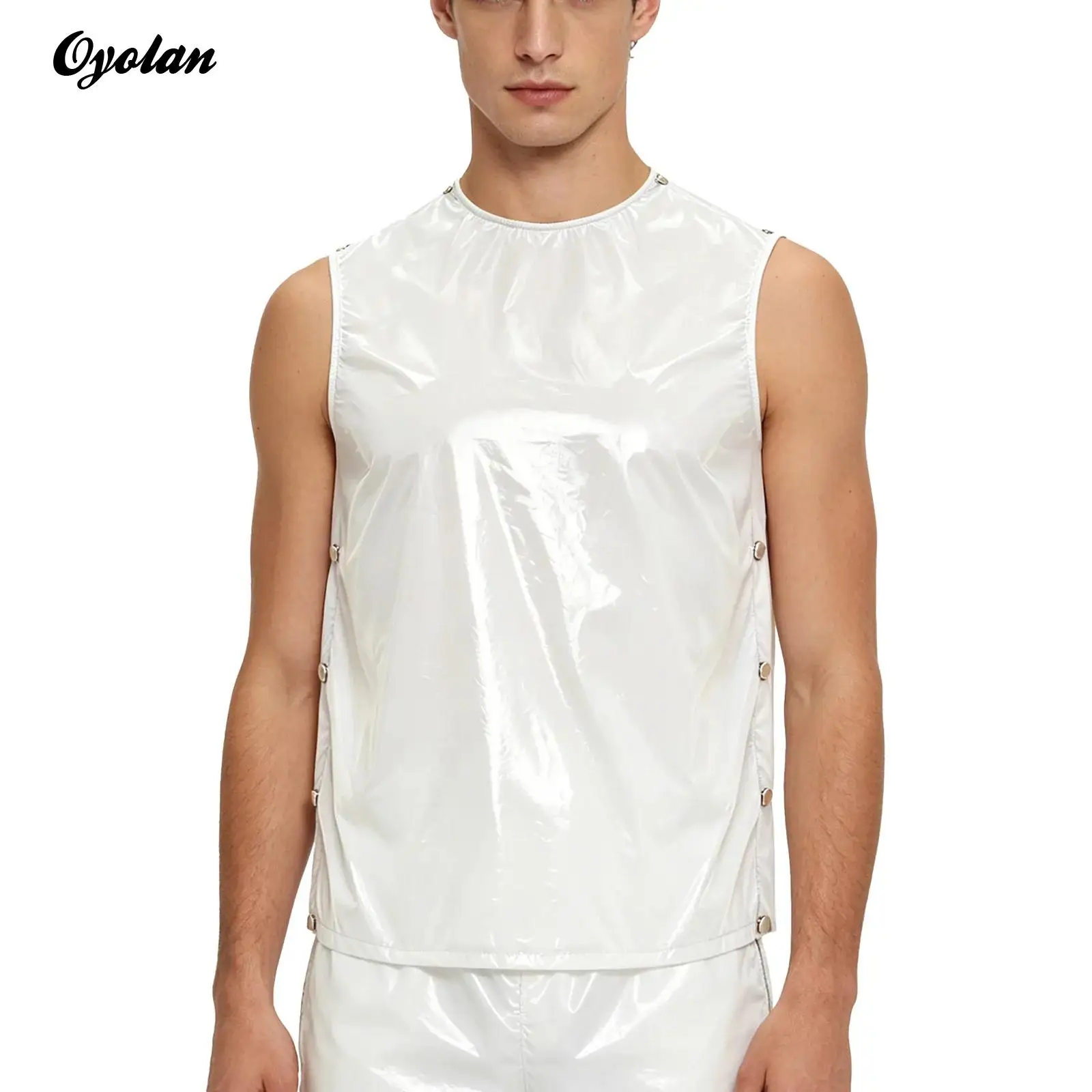 Mens Gymnastics Vest Wet Look Clubwear Vinyl Waterproof Reusable Tank Tops with Press Buttons at One Shoulder And Body Sides