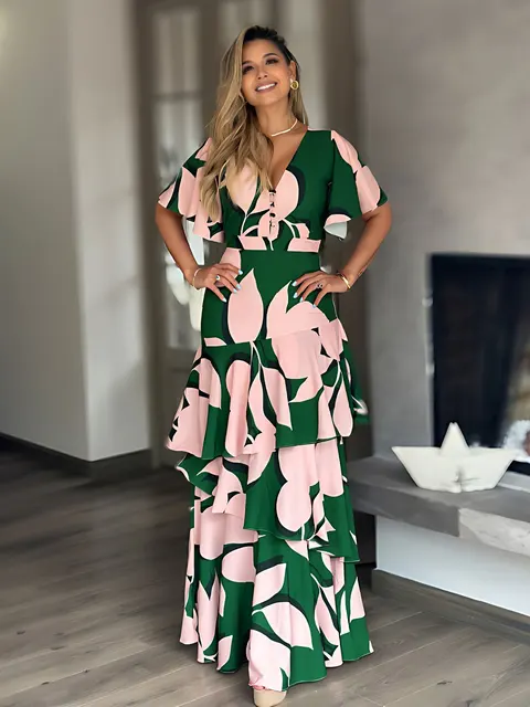 Sukienka maxi z kwiatowym nadrukiem, z falbaną i krótkim rękawem na wiosnę i lato, odzież damska Vestido