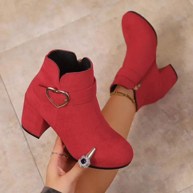 Damen-Stiefeletten mit klobigem Absatz, einfarbige High Heels mit seitlichem Reißverschluss, stilvolle kurze Stiefel – Detail 6