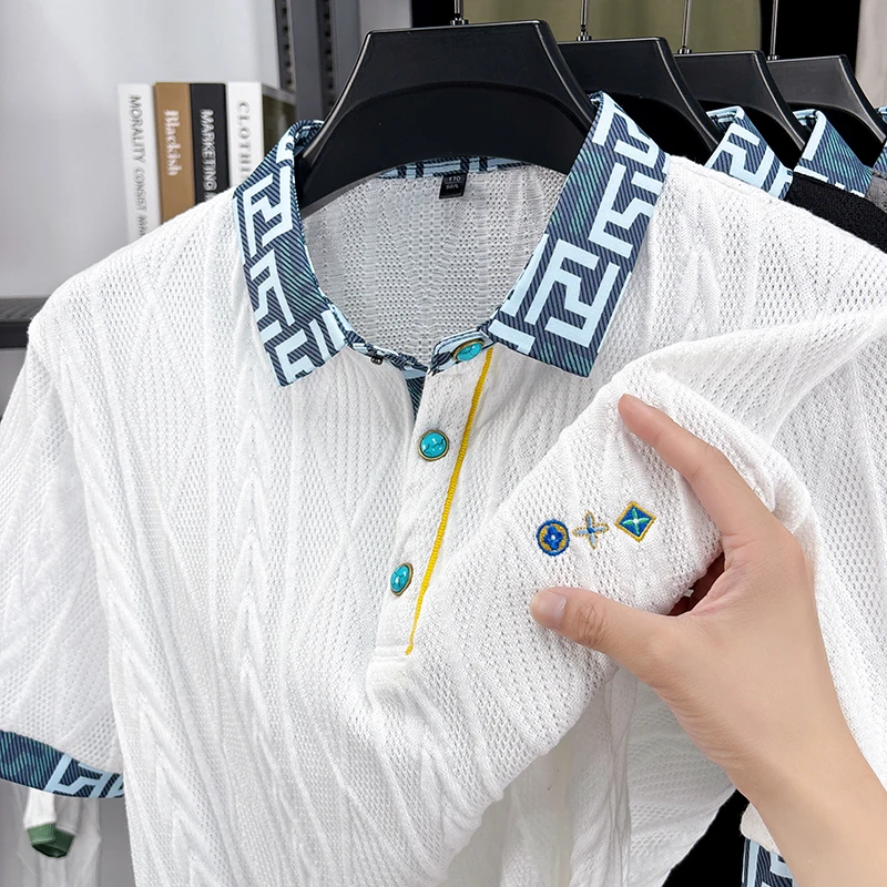 

Высококачественная роскошная мужская рубашка-поло с цветными лацканами и коротким рукавом, летняя новая модная мужская одежда с вышивкой, устойчивая к морщинам
