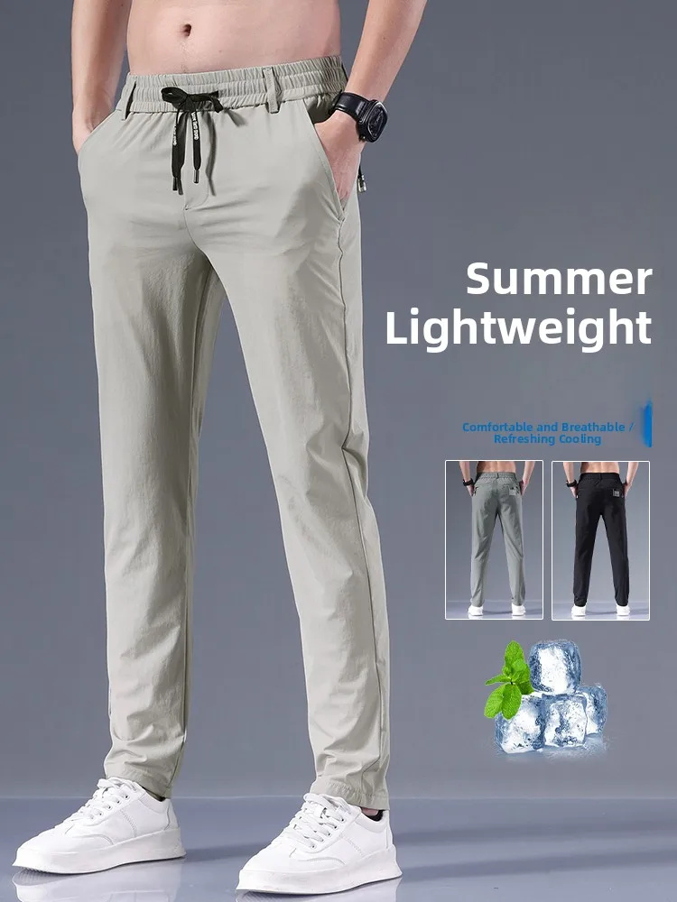 

Мужские повседневные брюки из ледяного шелка, лето 2024, свободные прямые ультратонкие быстросохнущие спортивные брюки, модные городские стильные брюки с эластичной талией