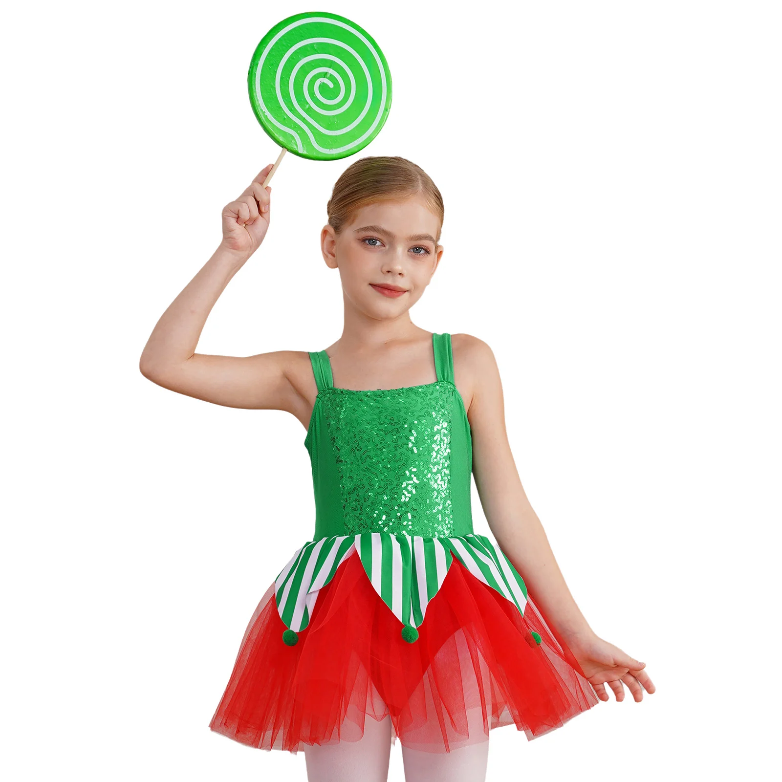 Kids Girls Christmas Performance Costume Striped Triangle And Velvet Pom-poms Mesh Patchwork Sequins Jumpsuit A-Line Dress