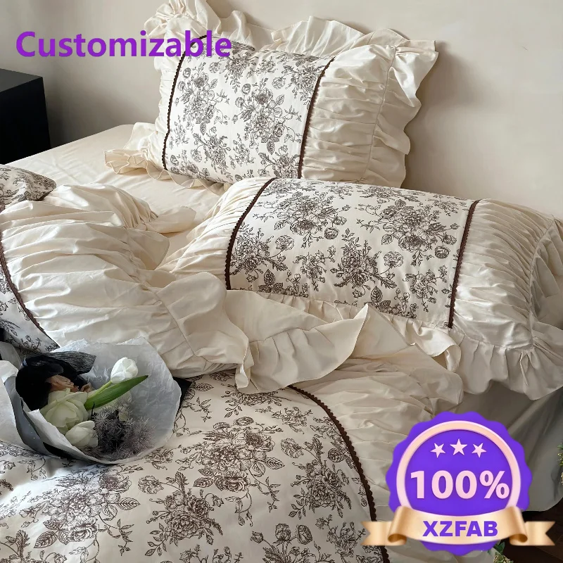 Factory Direct 2026 Qionghua Manye | French Vintage All Cotton Printed Four Piece Set of Pure Cotton Twill Pleated Lace Duvet