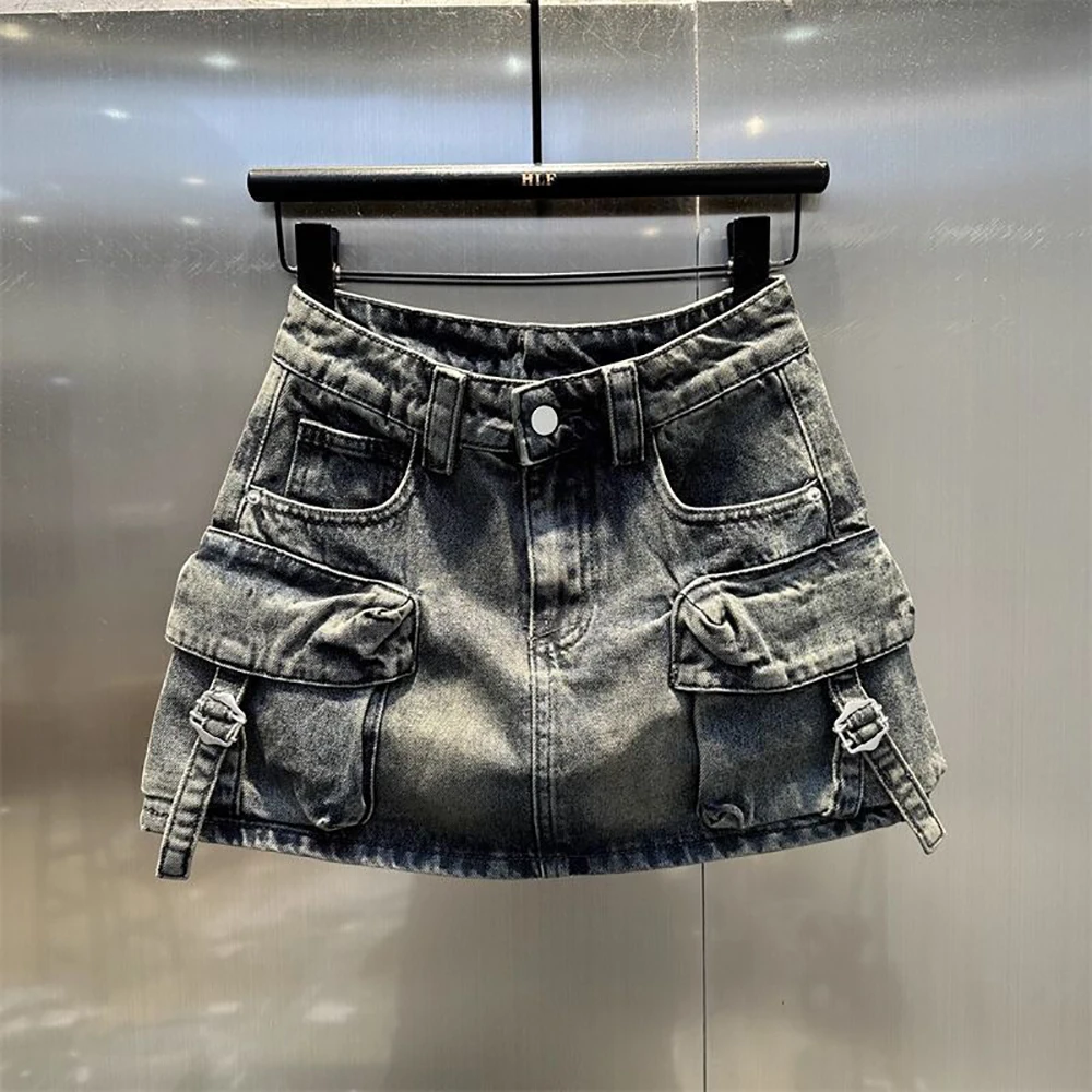 Y2K Women High Waist Cargo Denim Mini Skirts Vintage Washed Side Pocket Streetwear Casual Short Jean Skirt Slim A-line Skirts