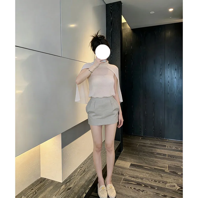 

Elegant Knitted Shawl And High Waist Skirt Set Spring 2026 Fashion for Women Brand 1989 Sleeveless Short Style