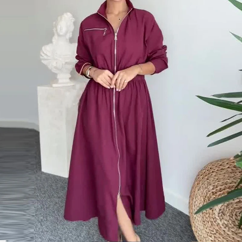 Fashion Loose Lapel Zipper Long Dress Elegant Solid Elastic Waisted Slit Dresses Autumn New Casual Women's Commute Pleated Dress