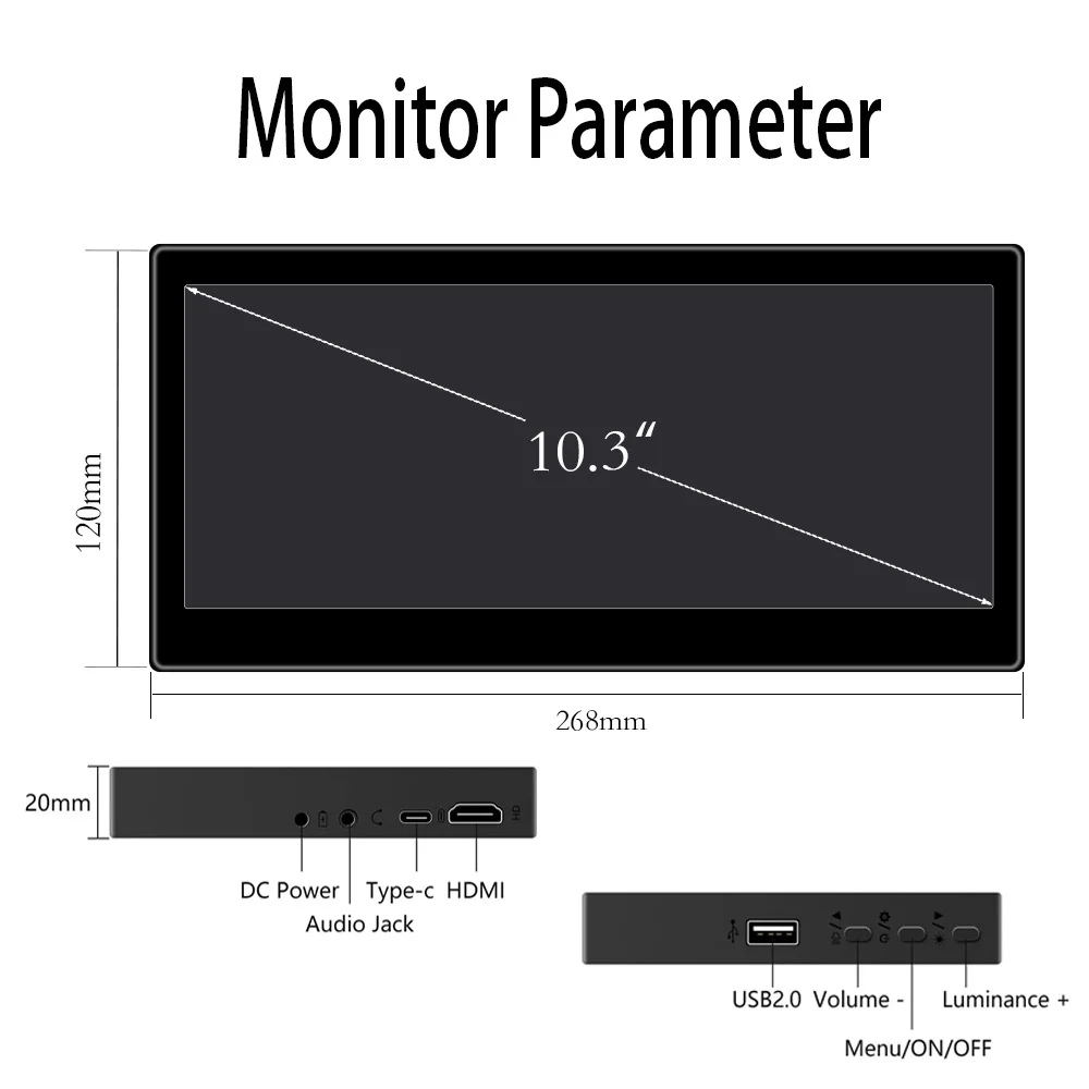 TouchScreen 10.3 Inch Portable Monitor 1920*720 Long Bar Monitor IPS Dual Speakers HDMI Type-C for Mac Laptop, PC,Switch, Phone