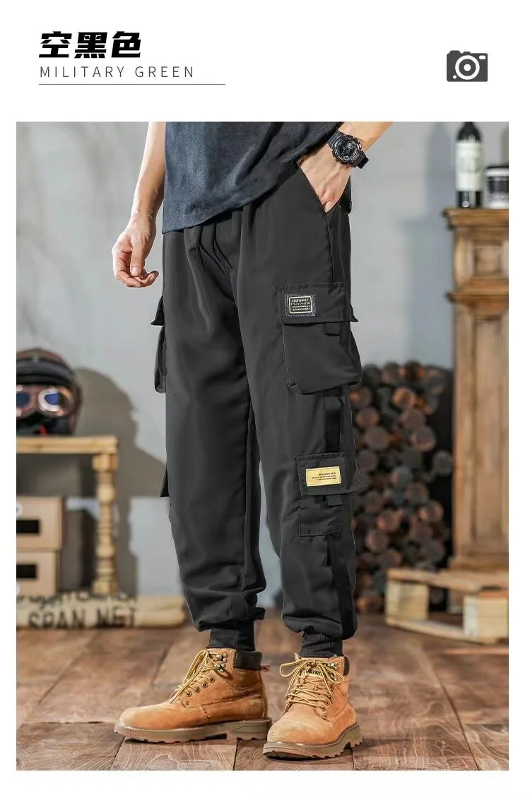 Men\'s Cargo Pants Casual Hip Hop Hit Color Multiple Pockets Trousers Streetwear Ribbons Techwear Sweatpants