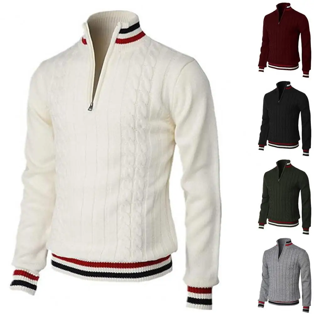 

Autumn New Turtleneck Long Sleeves Zipper Collar Pullover Sweater Men Patchwork Color Twist Male Jumper Streetwear