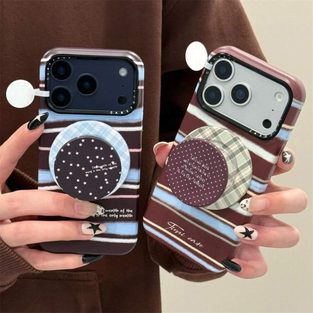 

Korean INS simple polka dots With Magsafe Stand phone case For iPhone 14 17 Pro 16 15 Pro Max cover fashion plaid pattern Cases