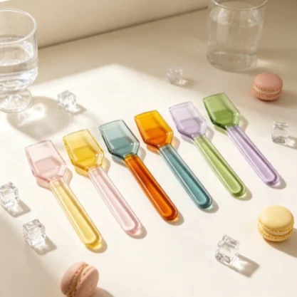 Short Handle Colorful Glass Dessert Spoon INS Style Heat Cold Resistance Coffee Ice Cream Spoon Cute Style