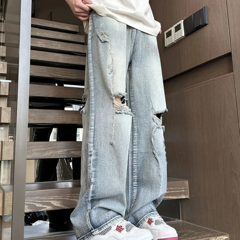 

Washed Retro Ripped Jeans Men's Clothing Summer Thin American High Street Vibe Handsome Versatile Loose Straight Pants