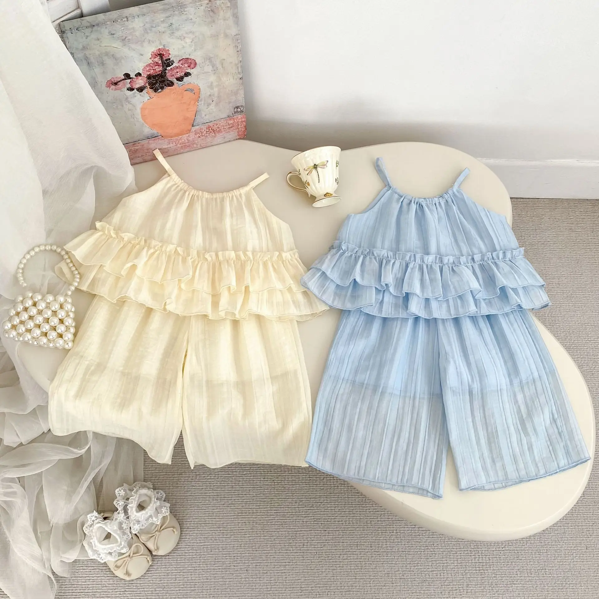 2025 Summer Baby Girl Set Simple and Fashionable Girl's Lotus Leaf Edge Strap Top Wide Leg Pants Two Piece Set