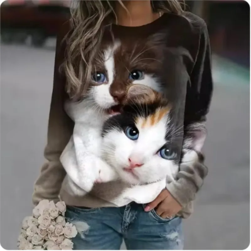 Kawaii Cat Women\'s T-Shirt 3D Print Casual Long Sleeve Tees Oversized Harajuku T-Shirt Clothing Daily Blouse Female Loose Tops