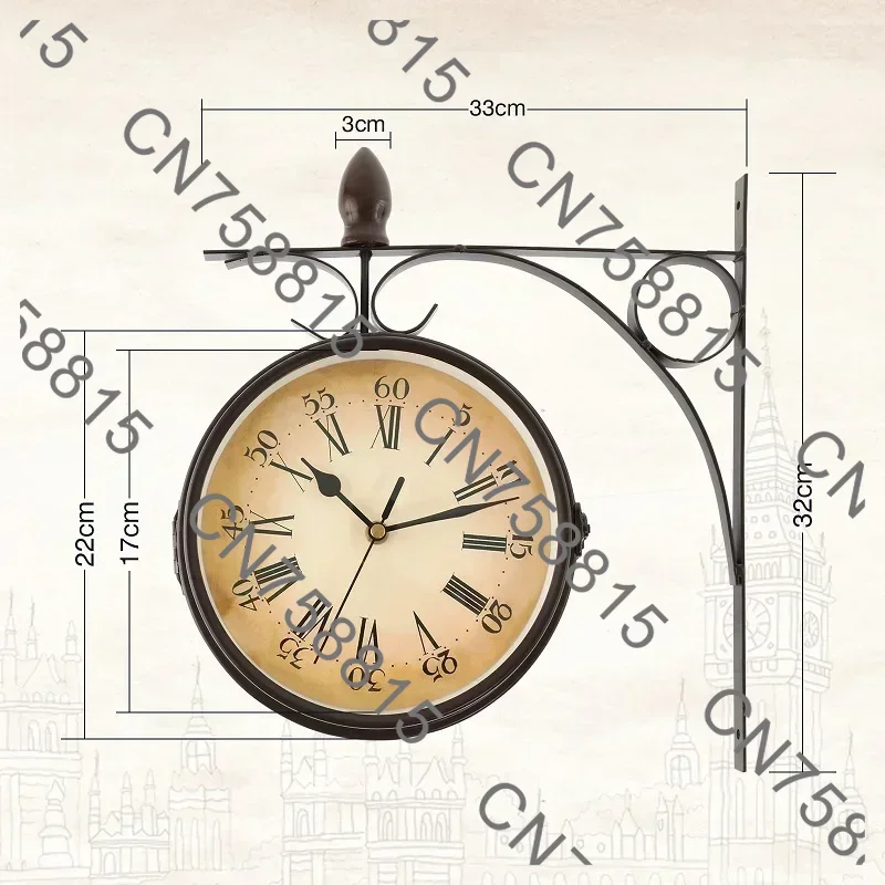 Double-sided retro station clock chandelier wall hanging clock home bedroom, wrought iron antique appearance round wall hanging