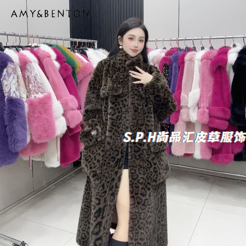 2024 Winter New Faux Fur Coat Thickened Warm Classic Leopard Print European Mink Long Sleeves Black Furry Jacket Women's Clothes