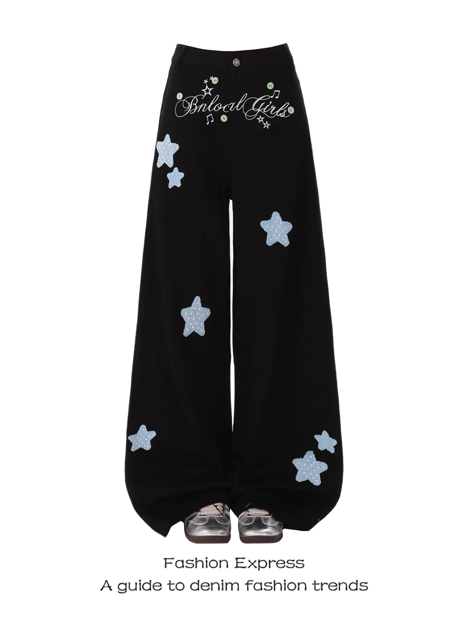 Women's Black White Oversized Wide Leg Jeans Star Embroidery Letter Print Wing Detail Cute Casual Streetwear Ladies Pants
