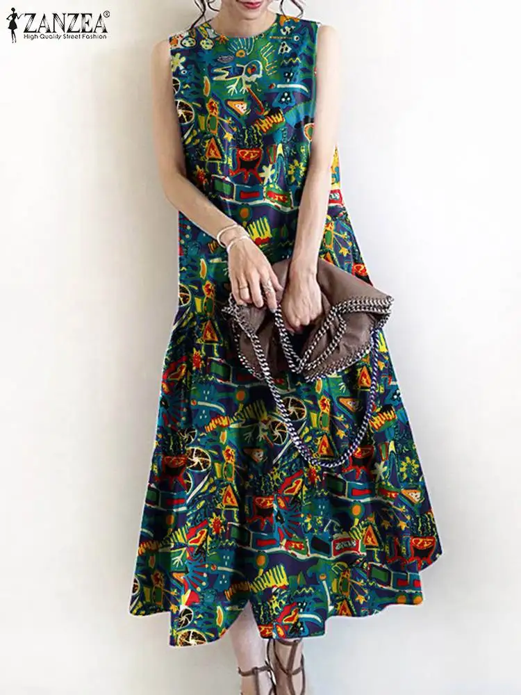 ZANZEA Vintage Printed Dresses Summer Women O Neck Sleeveless Sundress Stylish Work Dress Bohemian Holiday A Line Loose Vestidos