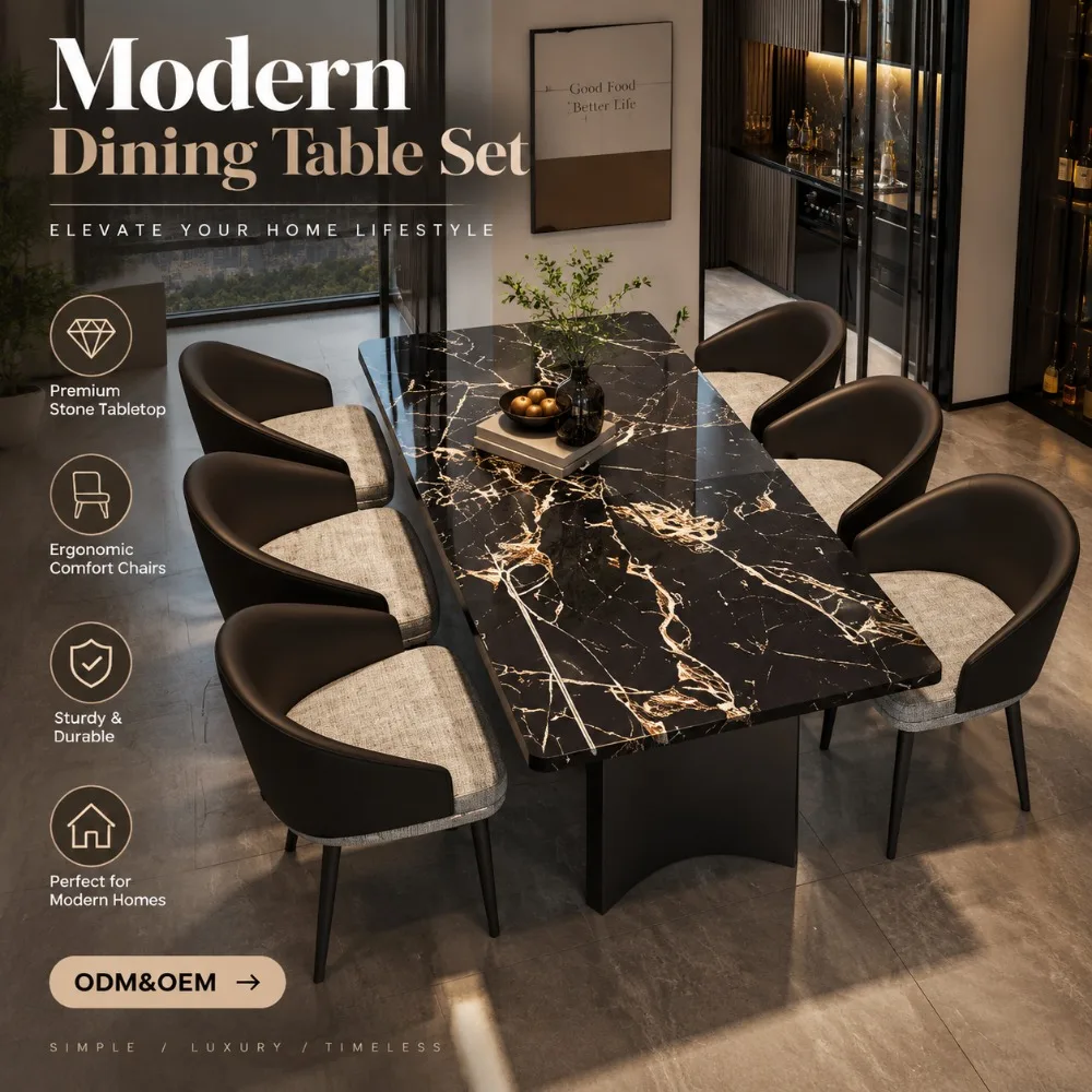 Italian Minimalist Marble Dining Table Set, Modern Light‑Luxury Combination Furniture for Home Villa Living‑Dining Room