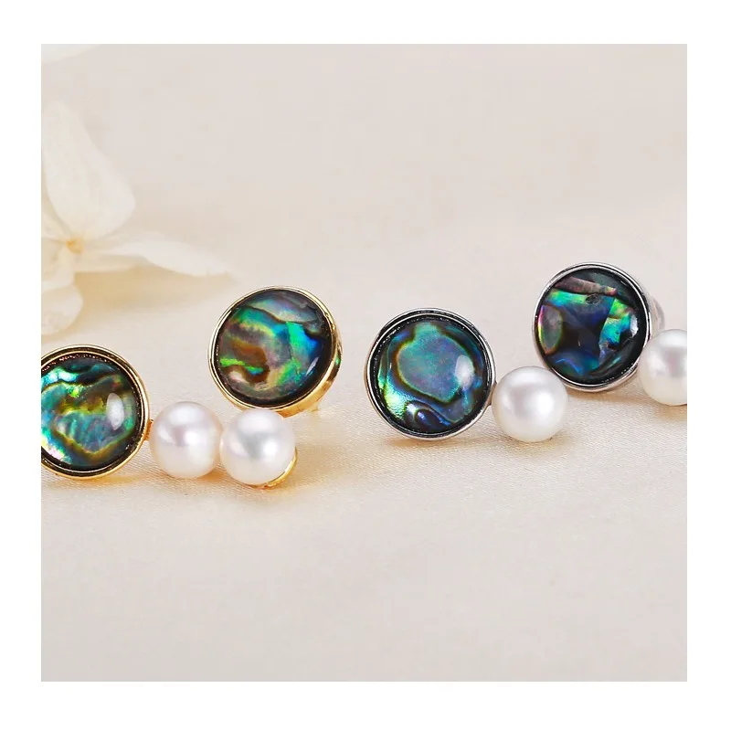 

Freshwater Real Pearl Stud Earrings Women's Natural Abalone Fritillary Pearl Earrings Copper Gold-plated Colorful Fashion Earrin