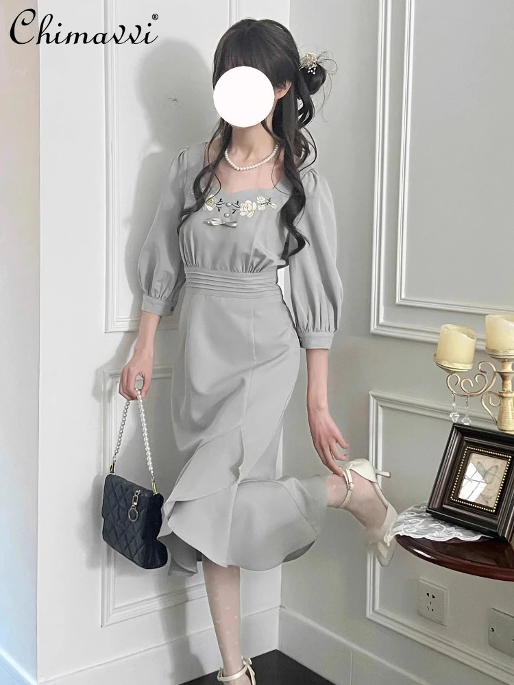 الفرنسية أنيقة خمر لوليتا فستان ساحة الرقبة المطرزة طويلة الأكمام عالية الخصر سليم صالح Bodycon ذيل السمكة فستان المرأة الخريف #1