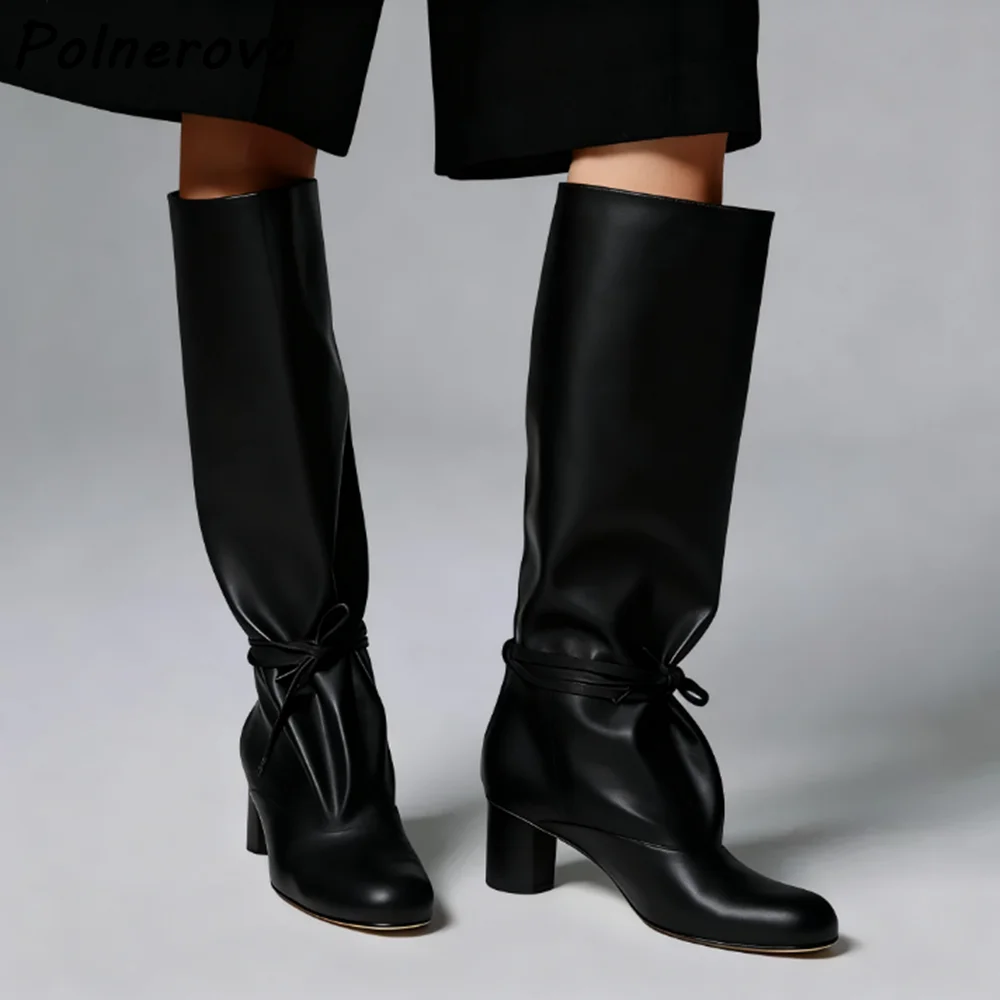 

Pleated Lace Up Knee High Boots Black Round Toe Chunky Heels Solid Concise Knight Boots Winter Women's Leisure Wide Calf Shoes