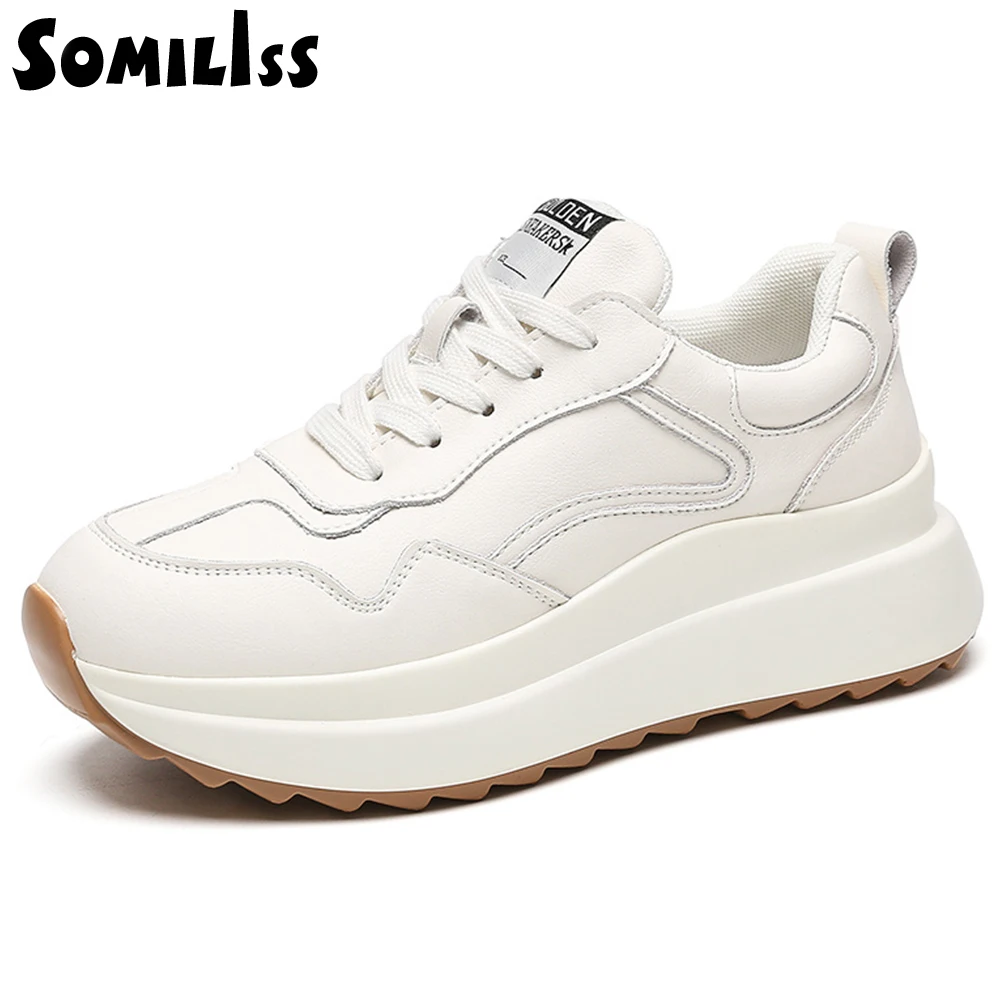 SOMILISS Couro Genuíno Chunky Plataforma Sapatilhas Casuais Das Mulheres Das Senhoras Do Dedo Do Pé Redondo Lace Up Running Shoes Moda De Luxo