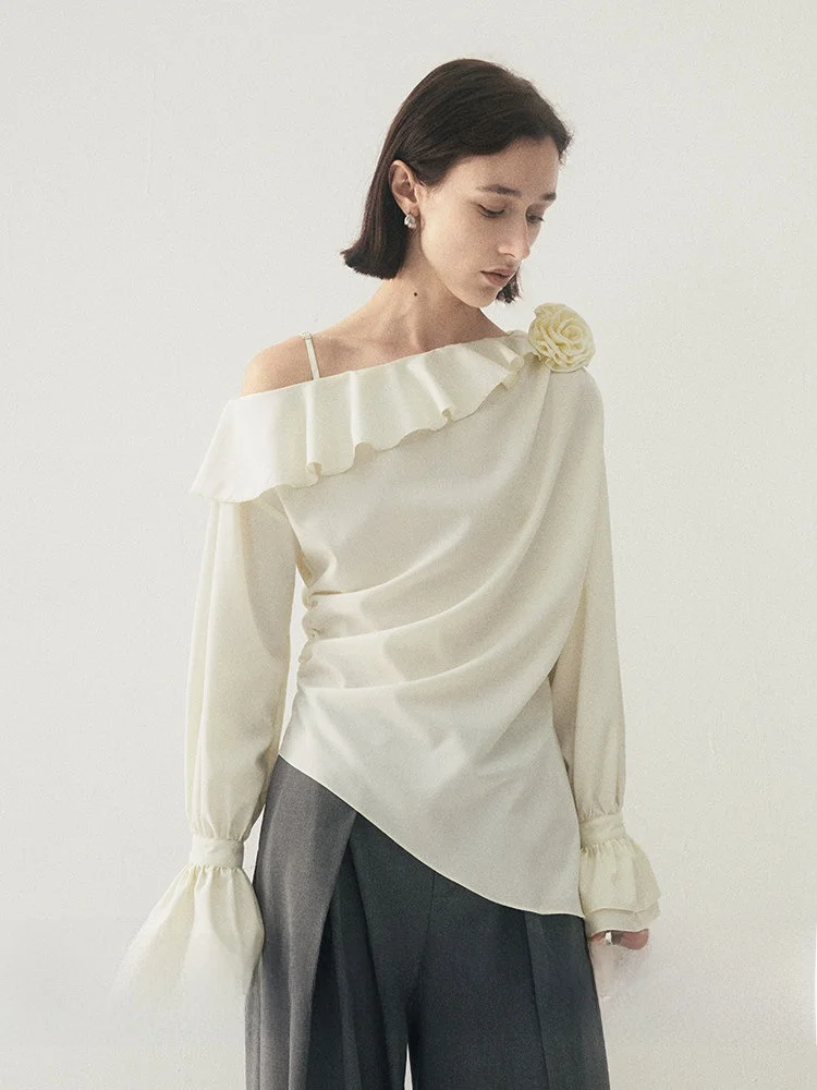 

Handmade 3D Floral Long Sve irt with ter Ne Sliver oulder Strap Original Design Loose Fit Polyester Women's irt