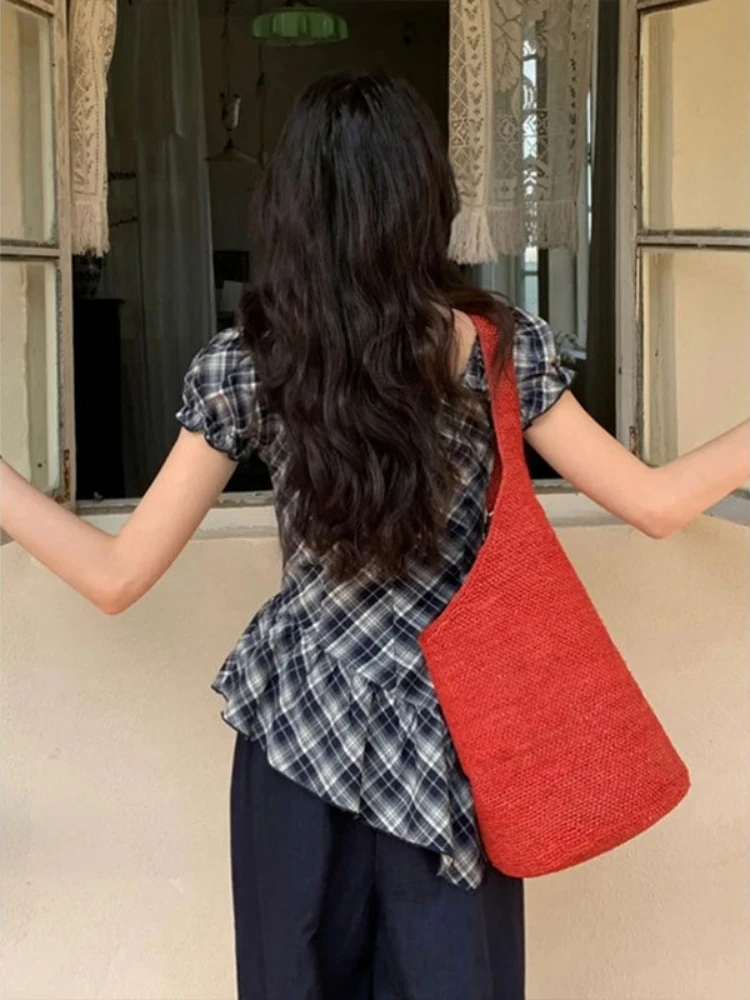 Women Clothing Plaid Slim Fit Y2k Blouses New Drawstring Slash Neck Vintage Shirts Fashion Summer Irregular Ruffled Blouse