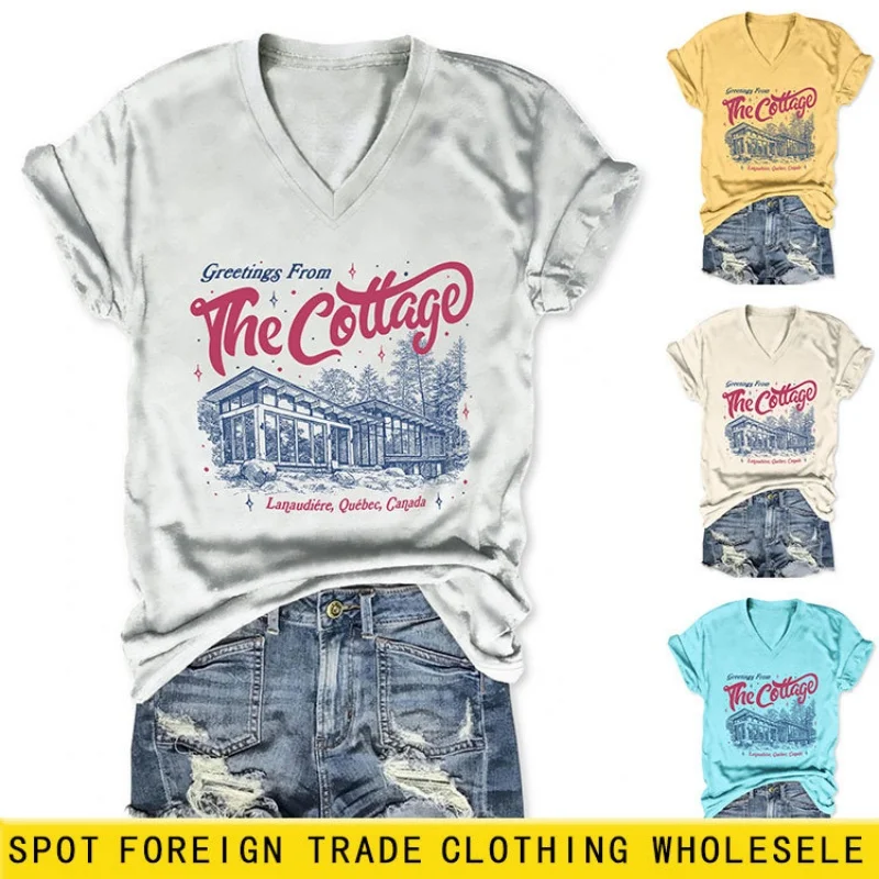 

Женская футболка с короткими рукавами в корейском стиле, свободный крой с V-образным вырезом, с принтом, новый летний стиль, универсальный топ.