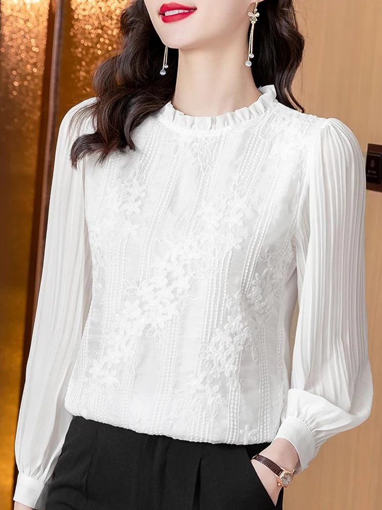 Long Sleeve Blouse Women White Lace Chiffon Blouse Shirt Tops Women Blusas Mujer De Moda 2024 Blouses Shirts Blusa Camisas E159