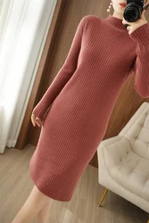 Vestido de Cuello medio alto delgado de Cachemira para mujer, vestido de Cachemira de punto medio largo, falda de otoño e invierno, nuevo